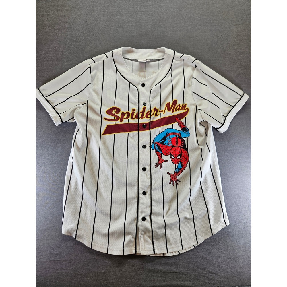 Marvel Spider-Man Baseball Jersey White Pinstripe Graphic Shirt Large 62